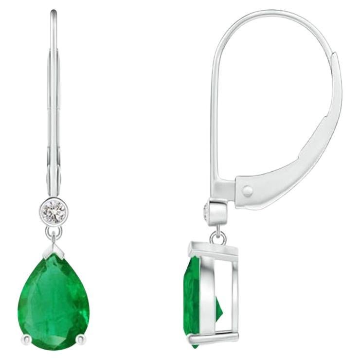 Natural Emerald Drop Earrings with Diamond in 14K White Gold (Size-7x5mm) For Sale