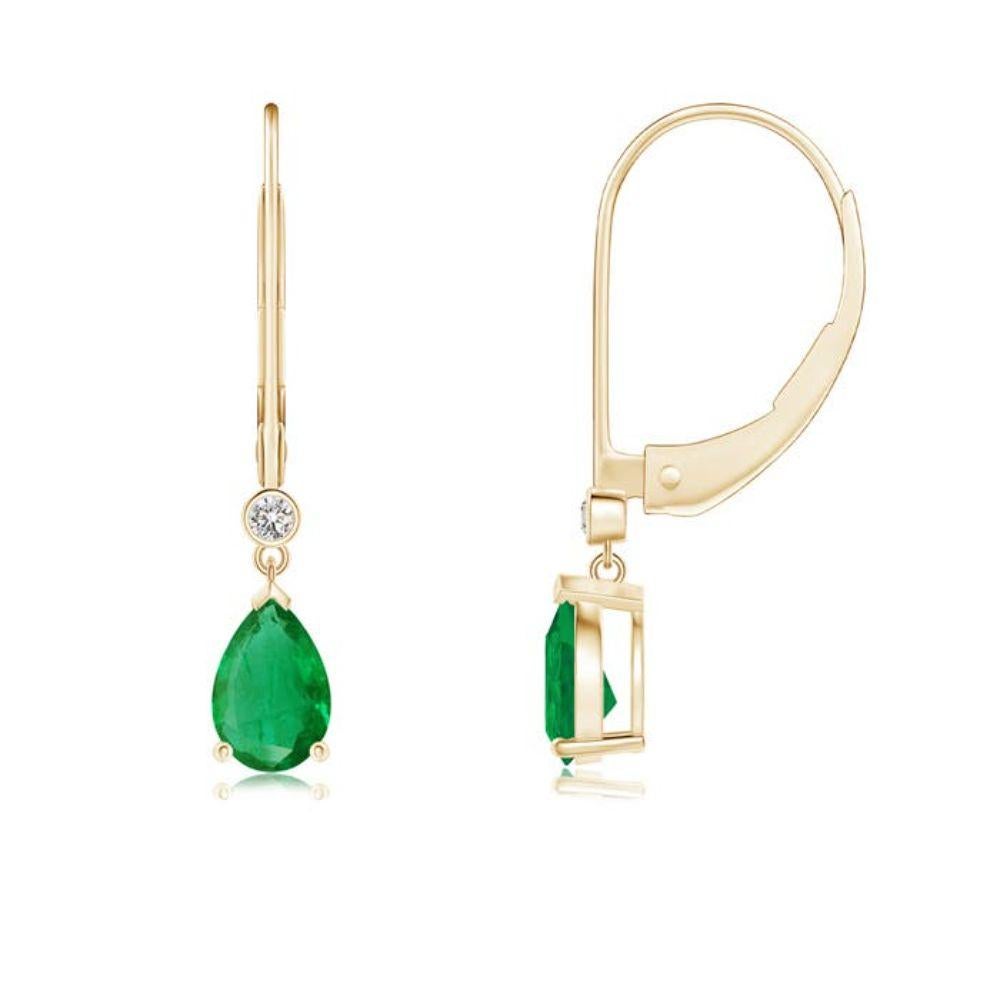 Natürliche Smaragd-Tropfen-Ohrringe mit Diamant in 14K Gelbgold (Größe-6x4 mm) im Angebot