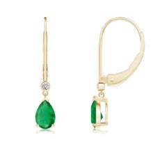 Natural Emerald Drop Earrings with Diamond in 14K Yellow Gold (Size-6x4mm)
