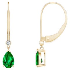 Natural Emerald Drop Earrings with Diamond in 14K Yellow Gold (Size-6x4mm)