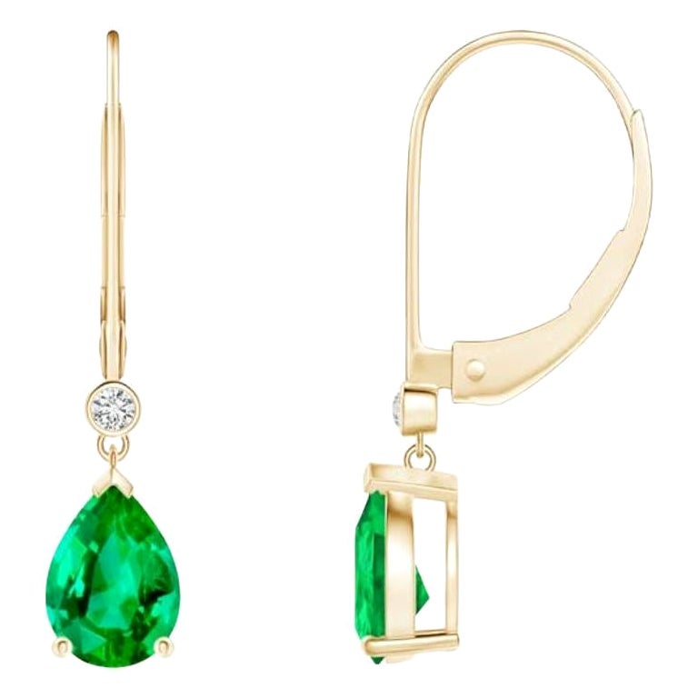 Boucles d'oreilles pendantes en or jaune 14 carats avec émeraude naturelle et diamants, taille 7 x 5 mm