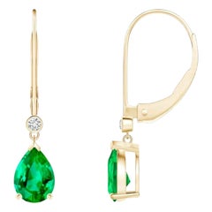 Boucles d'oreilles pendantes en or jaune 14 carats avec émeraude naturelle et diamants, taille 7 x 5 mm