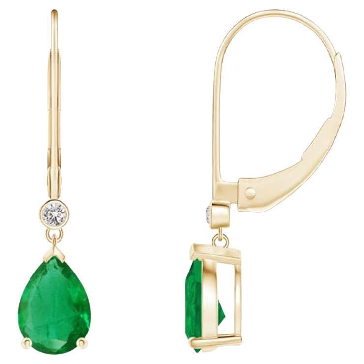 Natural Emerald Drop Earrings with Diamond in 14K Yellow Gold (Size-7x5mm) For Sale
