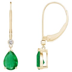 Natural Emerald Drop Earrings with Diamond in 14K Yellow Gold (Size-7x5mm)