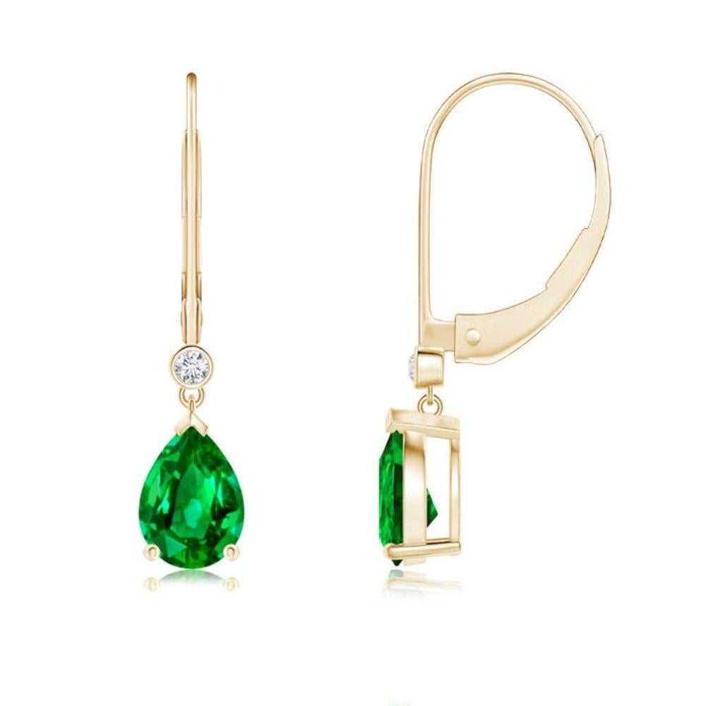 Natural Emerald Drop Earrings with Diamond in 14K Yellow Gold (Size-7x5mm) For Sale