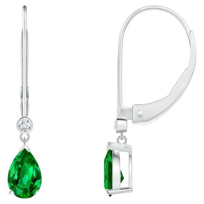 Natural Emerald Drop Earrings with Diamond in Platinum (Size-6x4mm) For Sale