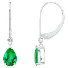 Natural Emerald Drop Earrings with Diamond in Platinum (Size-7x5mm)