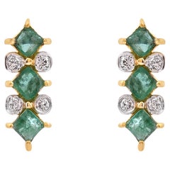 Natural emerald earring with diamond 0.12 cts in 14k gold
