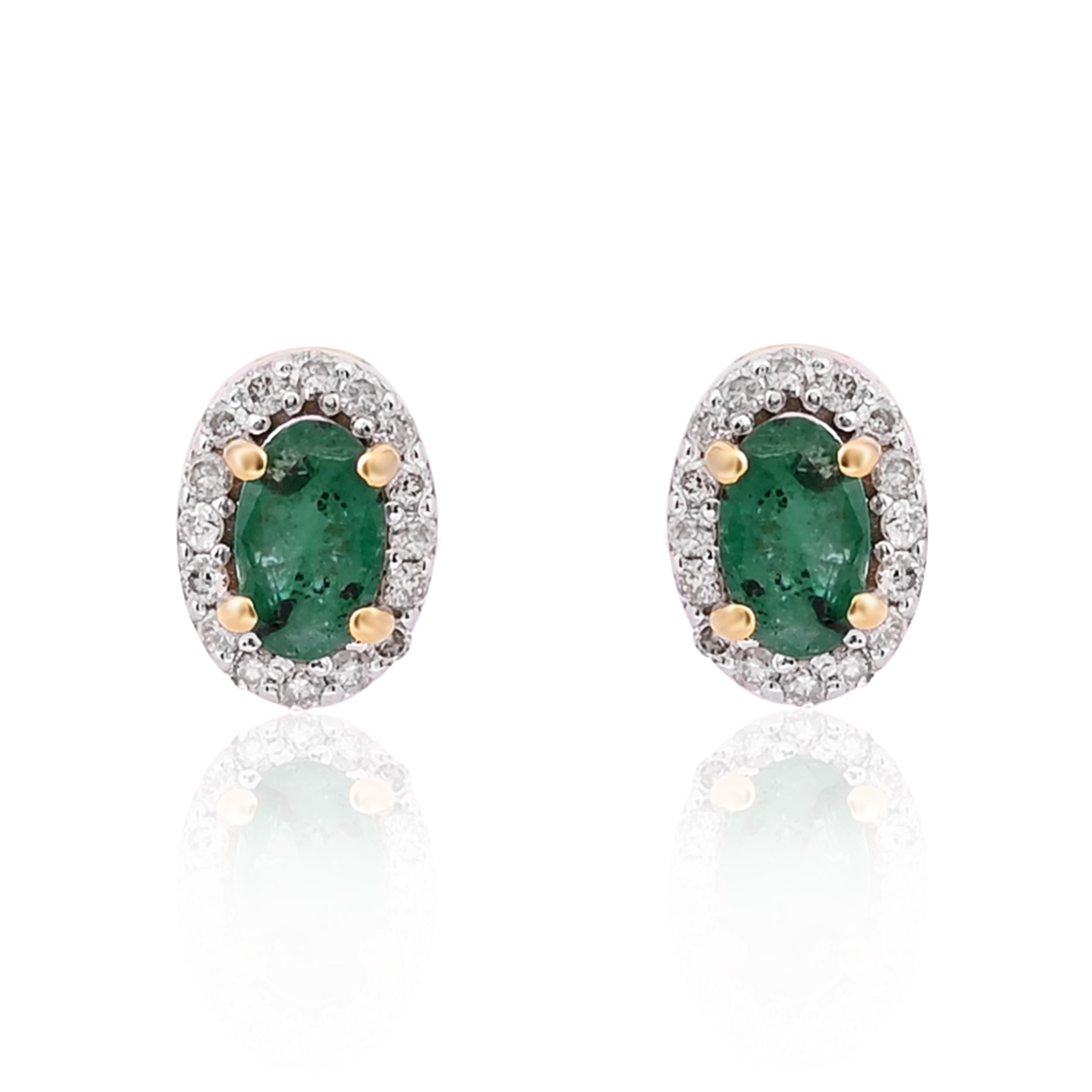 Natürlich  Smaragd-Ohrring mit Diamant 0,17 Karat in 14k Gold Damen im Angebot