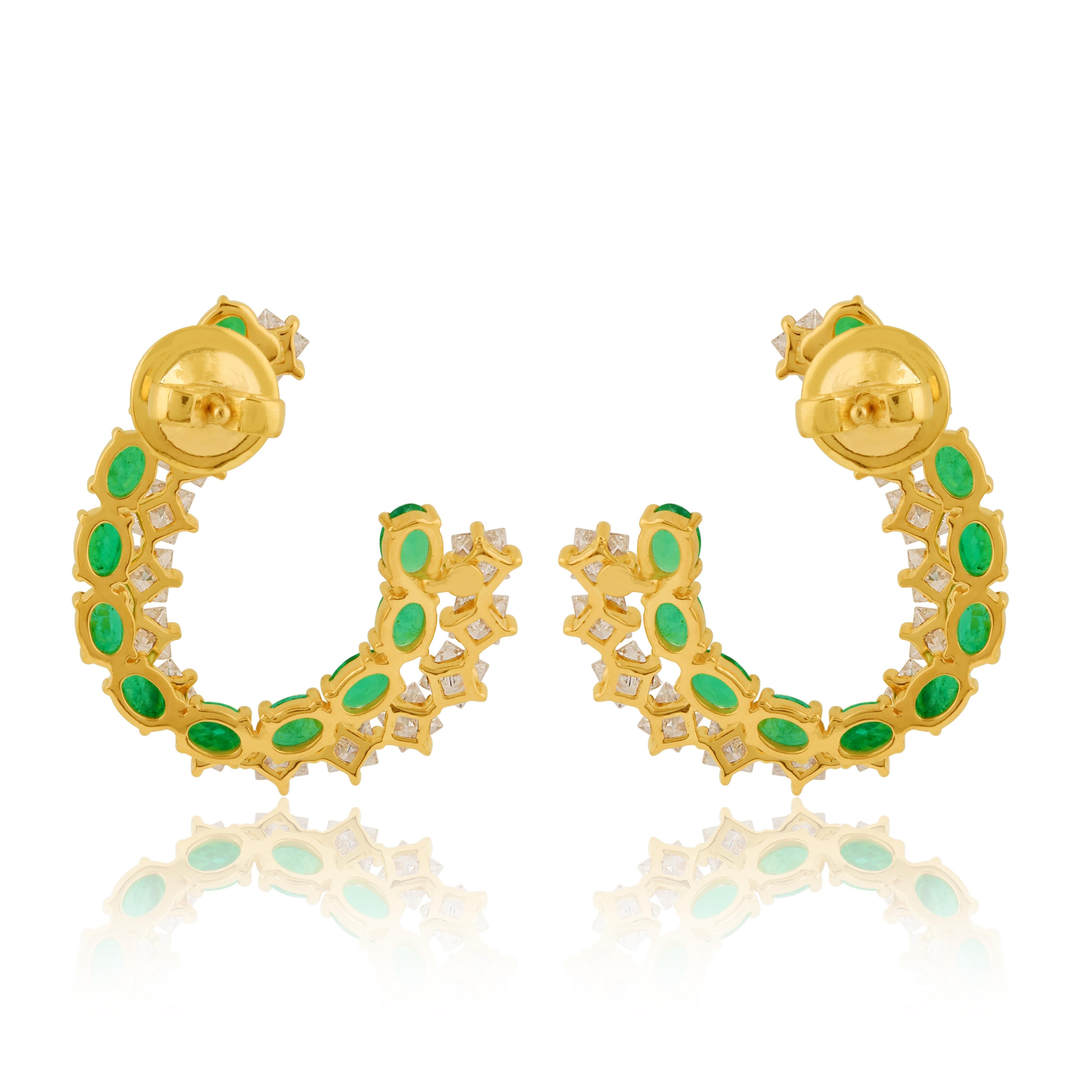 Oval Cut Natural Emerald Earrings Princess Cut Diamond 18 Karat Yellow Gold Fine Jewelry For Sale