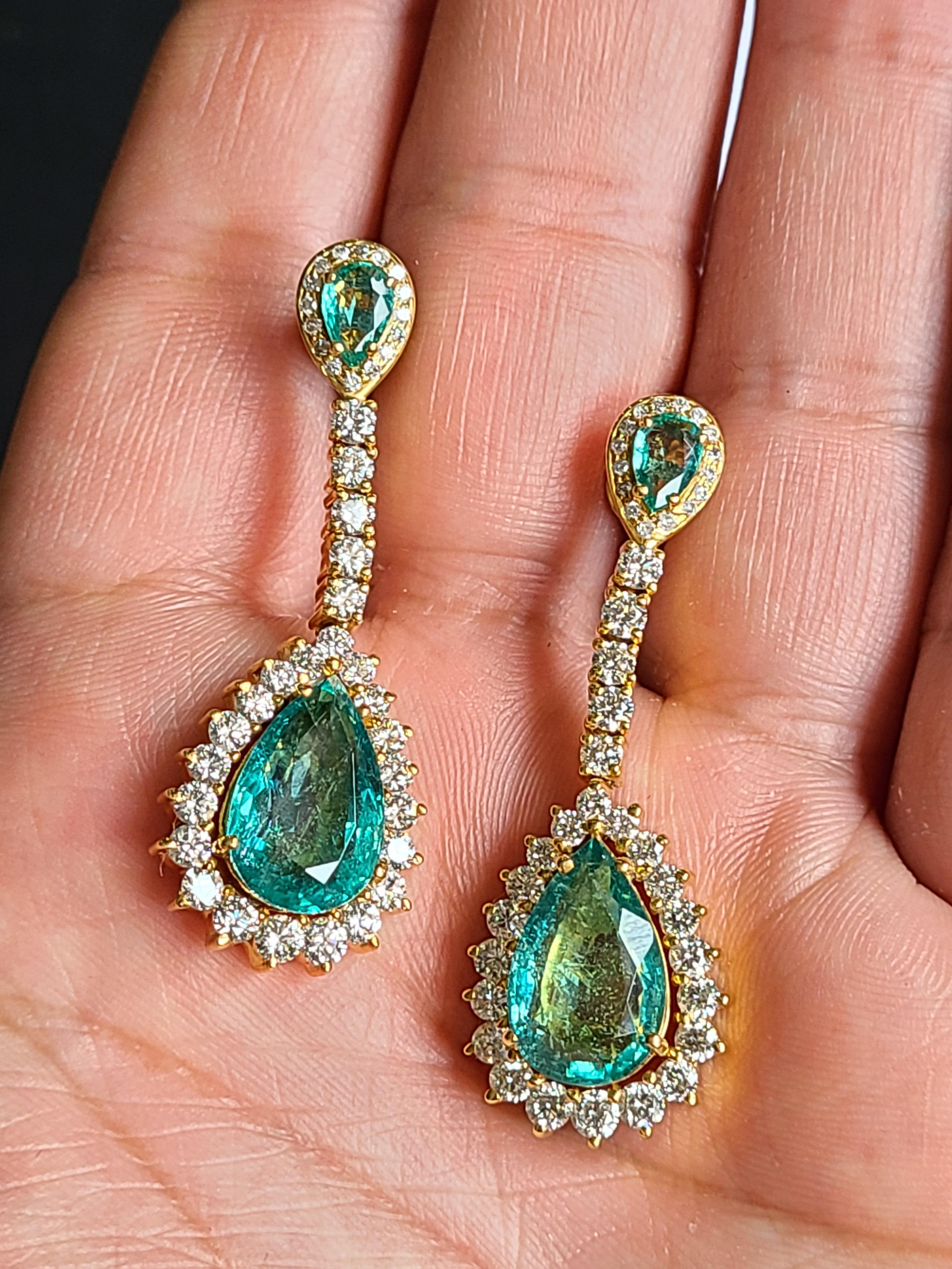 Pear Cut Natural Emerald Earrings Set in 18 Karat Gold with Diamonds