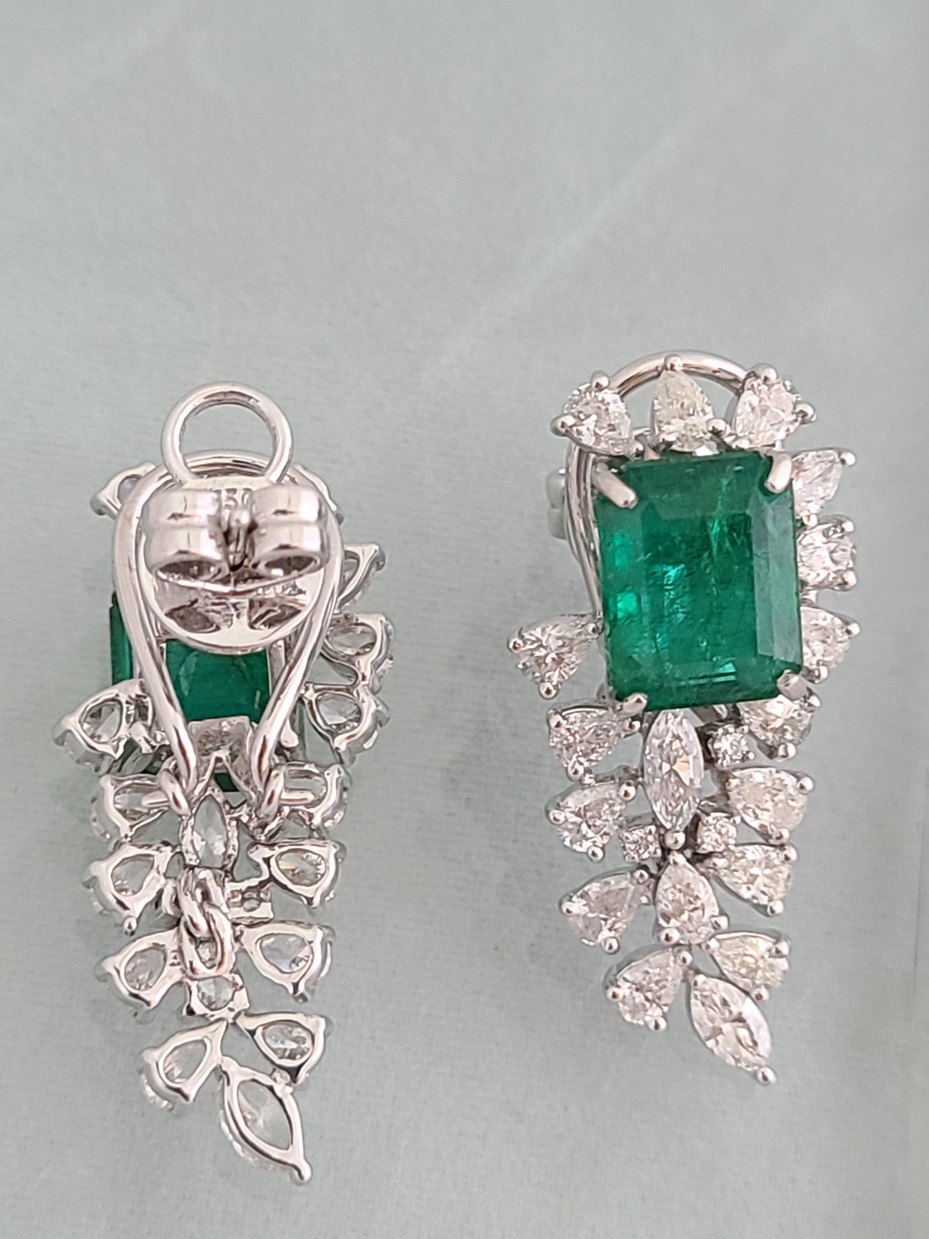 Emerald Cut Natural Emerald Earrings Set in 18 Karat Gold with Diamonds