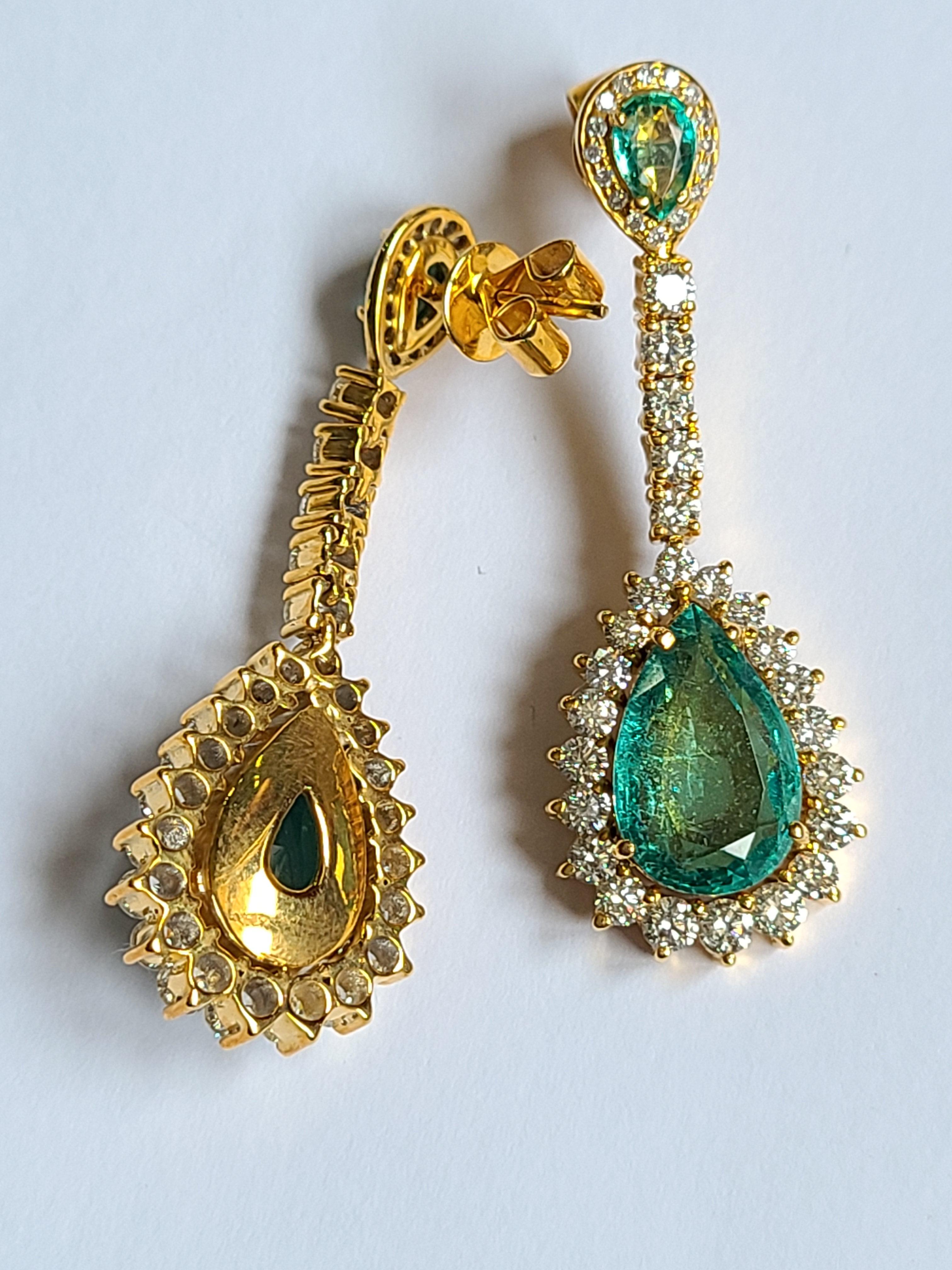 Women's or Men's Natural Emerald Earrings Set in 18 Karat Gold with Diamonds
