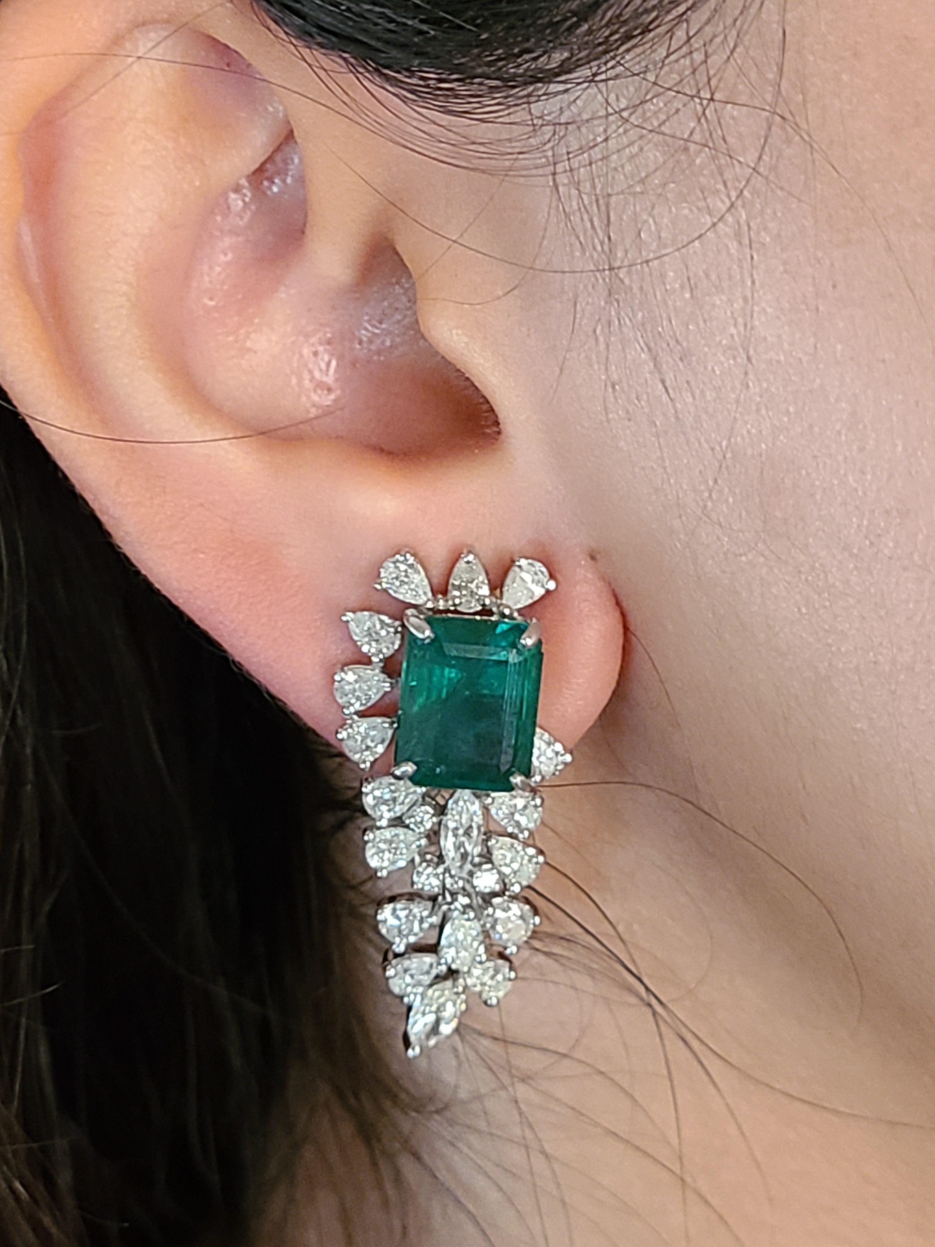 Women's or Men's Natural Emerald Earrings Set in 18 Karat Gold with Diamonds