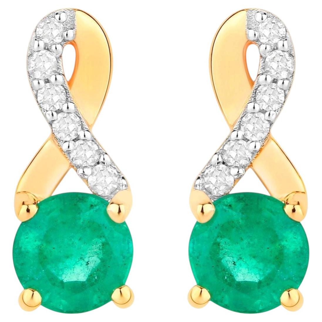 Natural Emerald Earrings With Diamonds 0.48 Carats 14K Yellow Gold