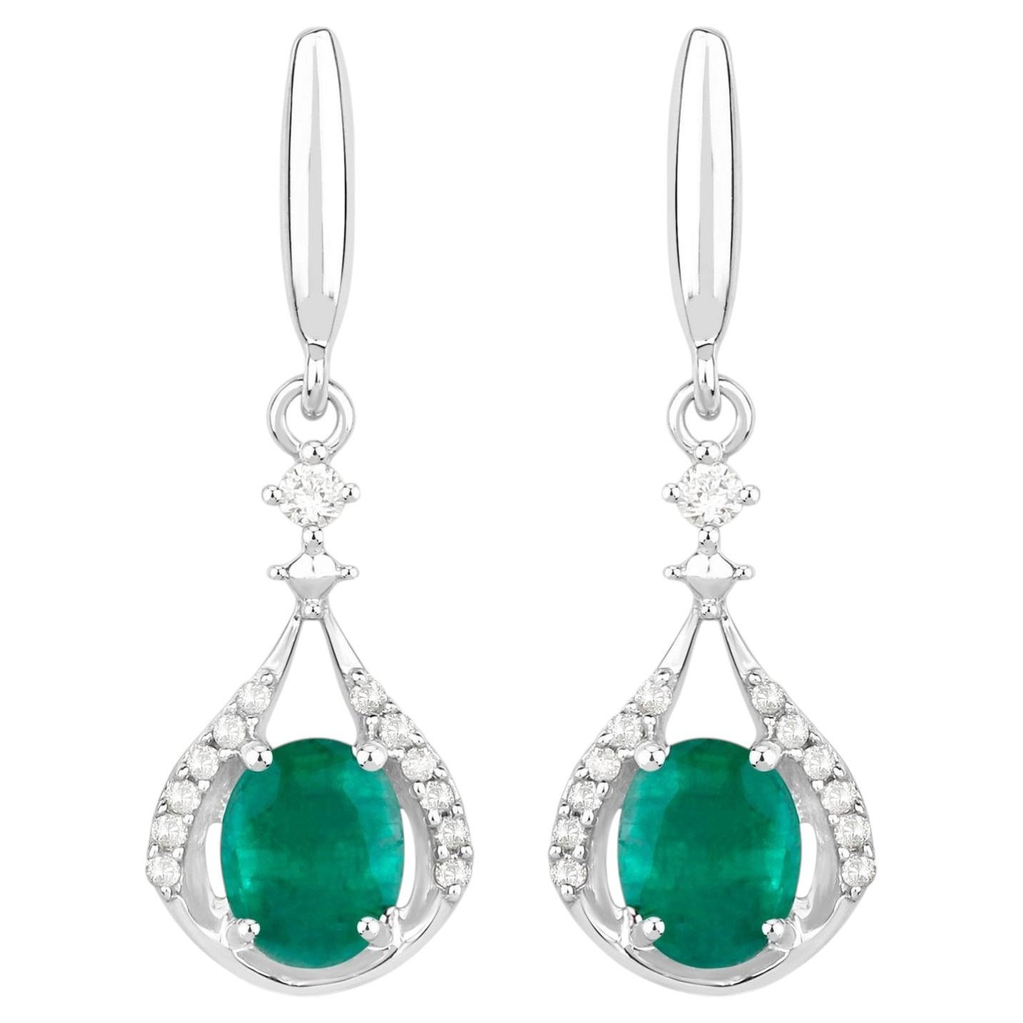 Natural Emerald Earrings With Diamonds 0.66 Carats 14K White Gold
