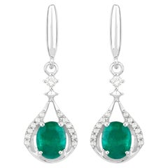 Natural Emerald Earrings With Diamonds 0.66 Carats 14K White Gold