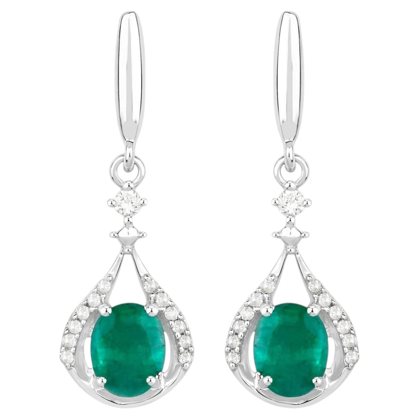 Natural Emerald Earrings With Diamonds 0.66 Carats 14K White Gold