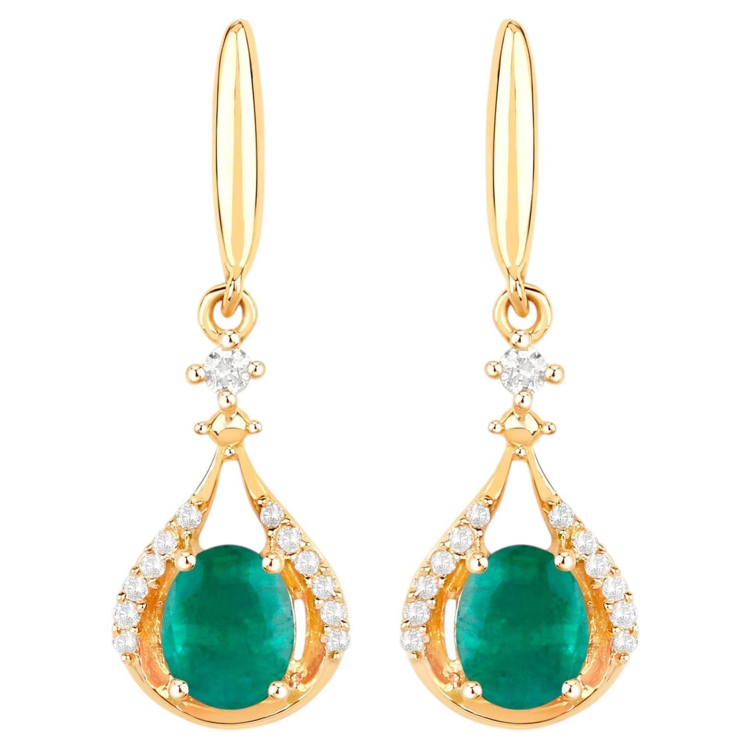 Natural Emerald Earrings With Diamonds 0.66 Carats 14K Yellow Gold