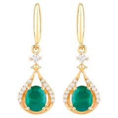 Natural Emerald Earrings With Diamonds 0.66 Carats 14K Yellow Gold