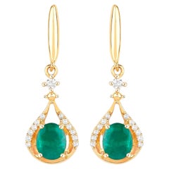Natural Emerald Earrings With Diamonds 0.66 Carats 14K Yellow Gold