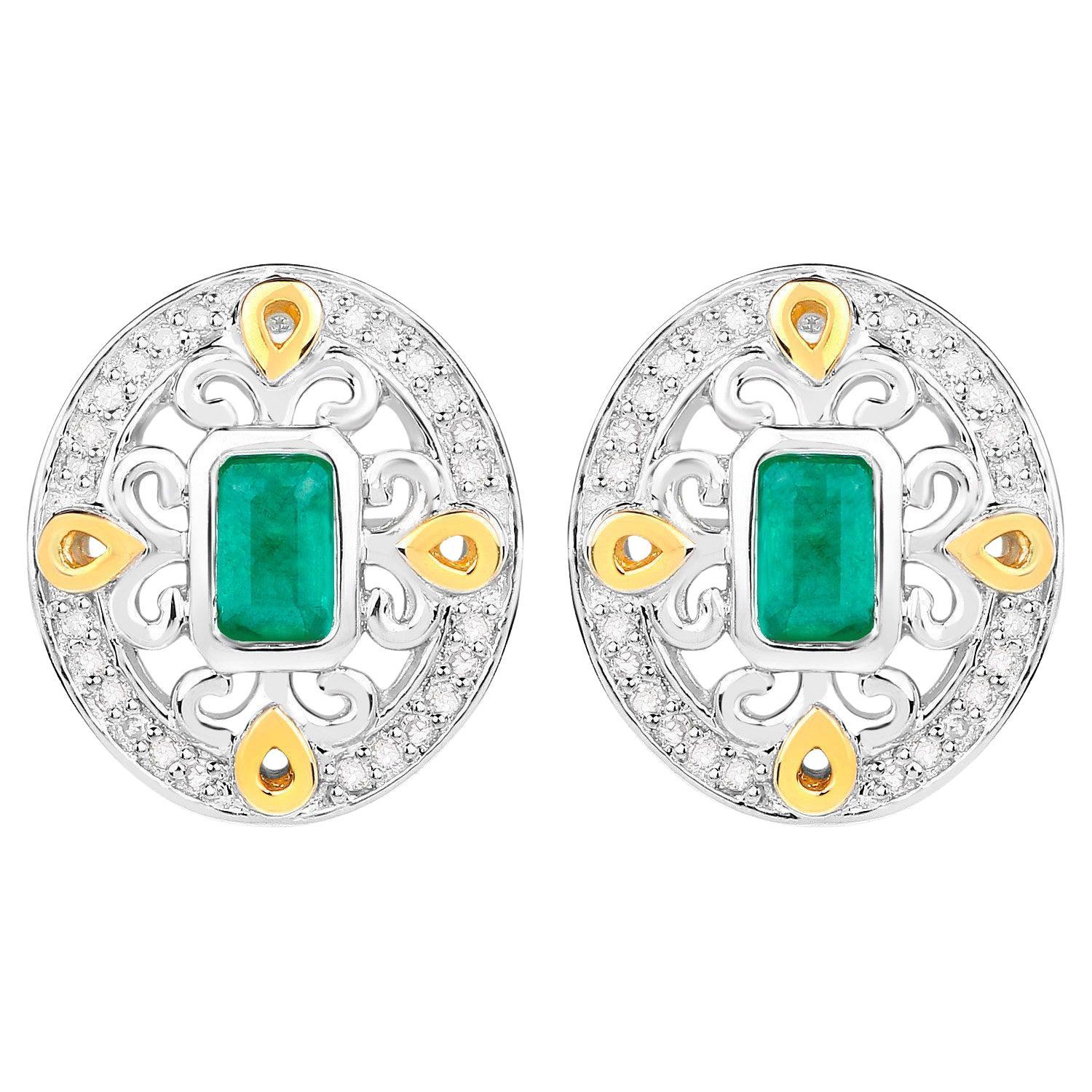 Natural Emerald Earrings With Diamonds 0.66 Carats Sterling Silver