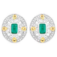 Natural Emerald Earrings With Diamonds 0.66 Carats Sterling Silver