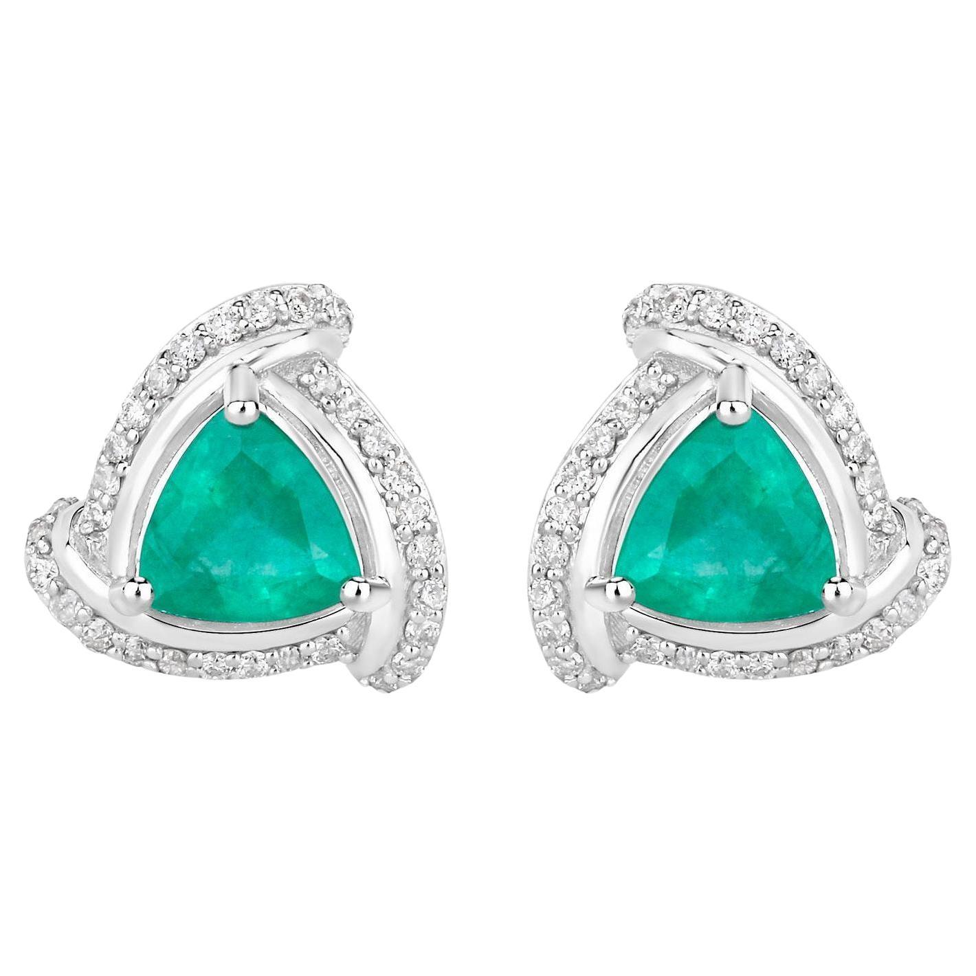 Pendientes Esmeralda Natural Con Diamantes 1,2 Quilates Oro Blanco 14K en venta