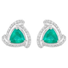 Natural Emerald Earrings With Diamonds 1.2 Carats 14K White Gold