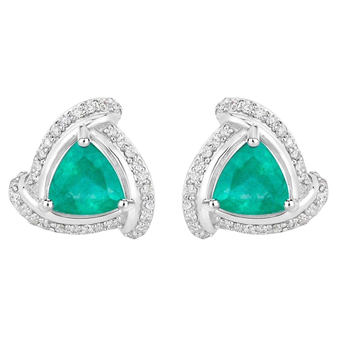 Natural Emerald Earrings With Diamonds 1.2 Carats 14K White Gold