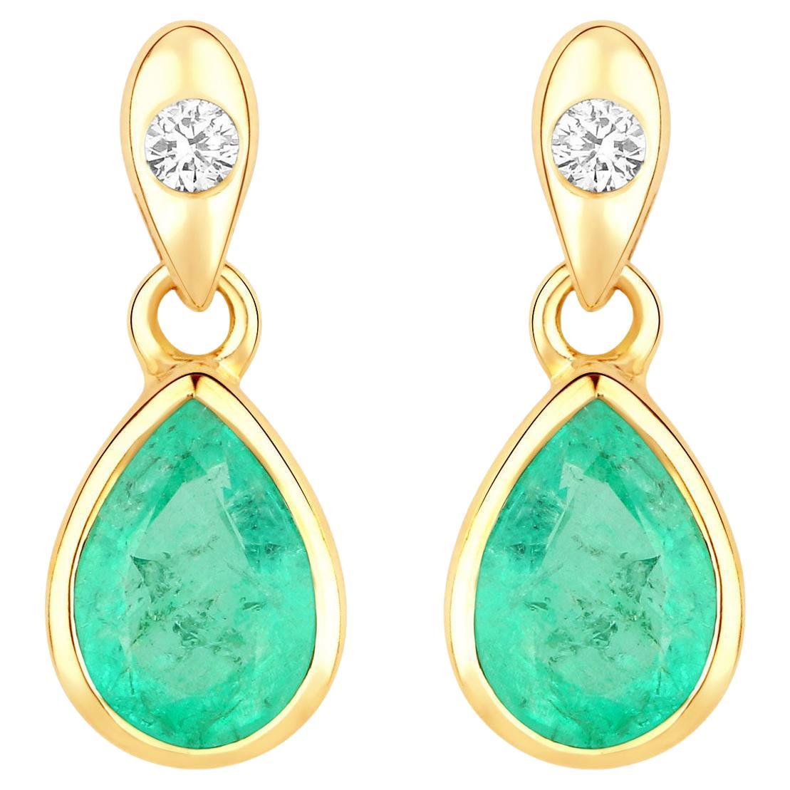 Natural Emerald Earrings With Diamonds 1.32 Carats 14K Yellow Gold