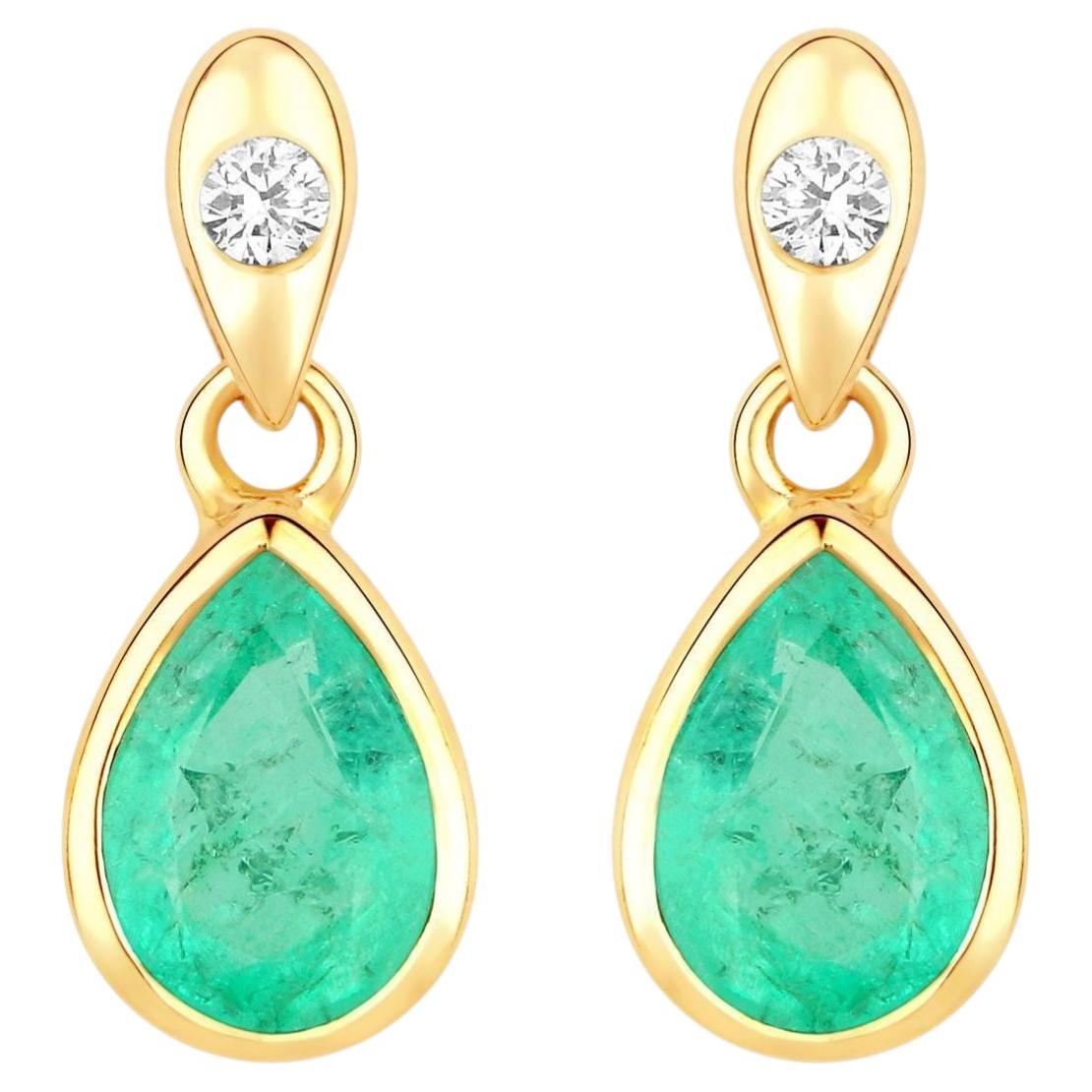 Natural Emerald Earrings With Diamonds 1.32 Carats 14K Yellow Gold