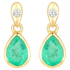 Natural Emerald Earrings With Diamonds 1.32 Carats 14K Yellow Gold
