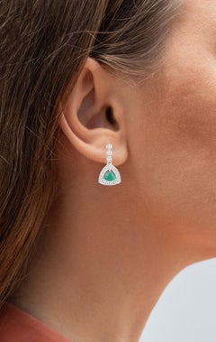 Natural Emerald Earrings With Diamonds 1.34 Carats 14K White Gold