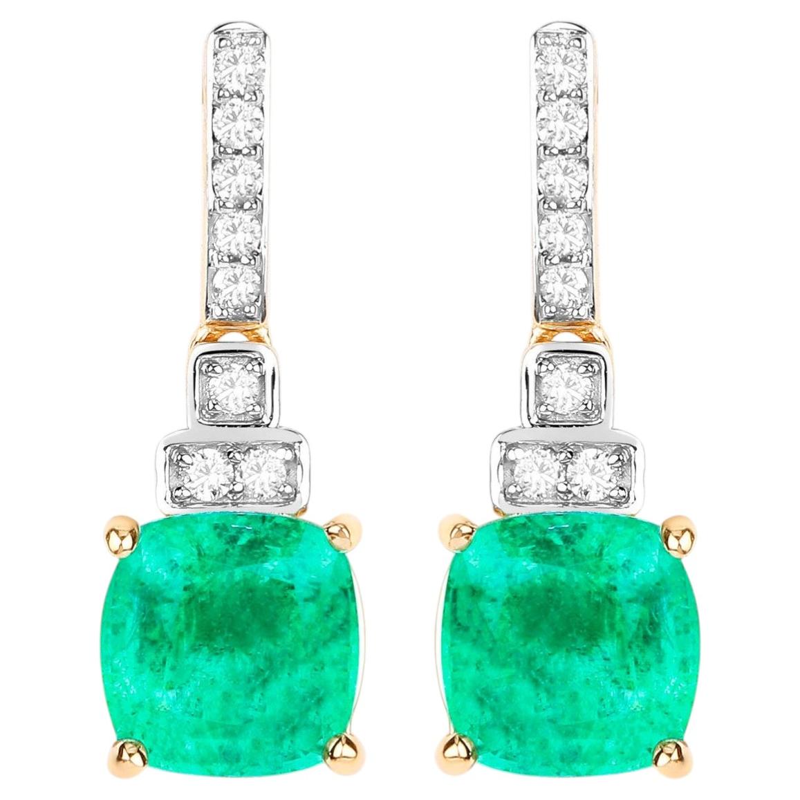 Natural Emerald Earrings With Diamonds 2.68 Carats 14K Yellow Gold