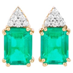 Natural Emerald Earrings With Diamonds 2.84 Carats 14K Yellow Gold