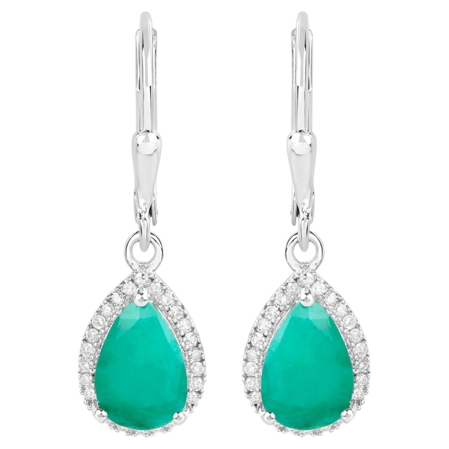 Natural Emerald Earrings With Diamonds 3.02 Carats Sterling Silver