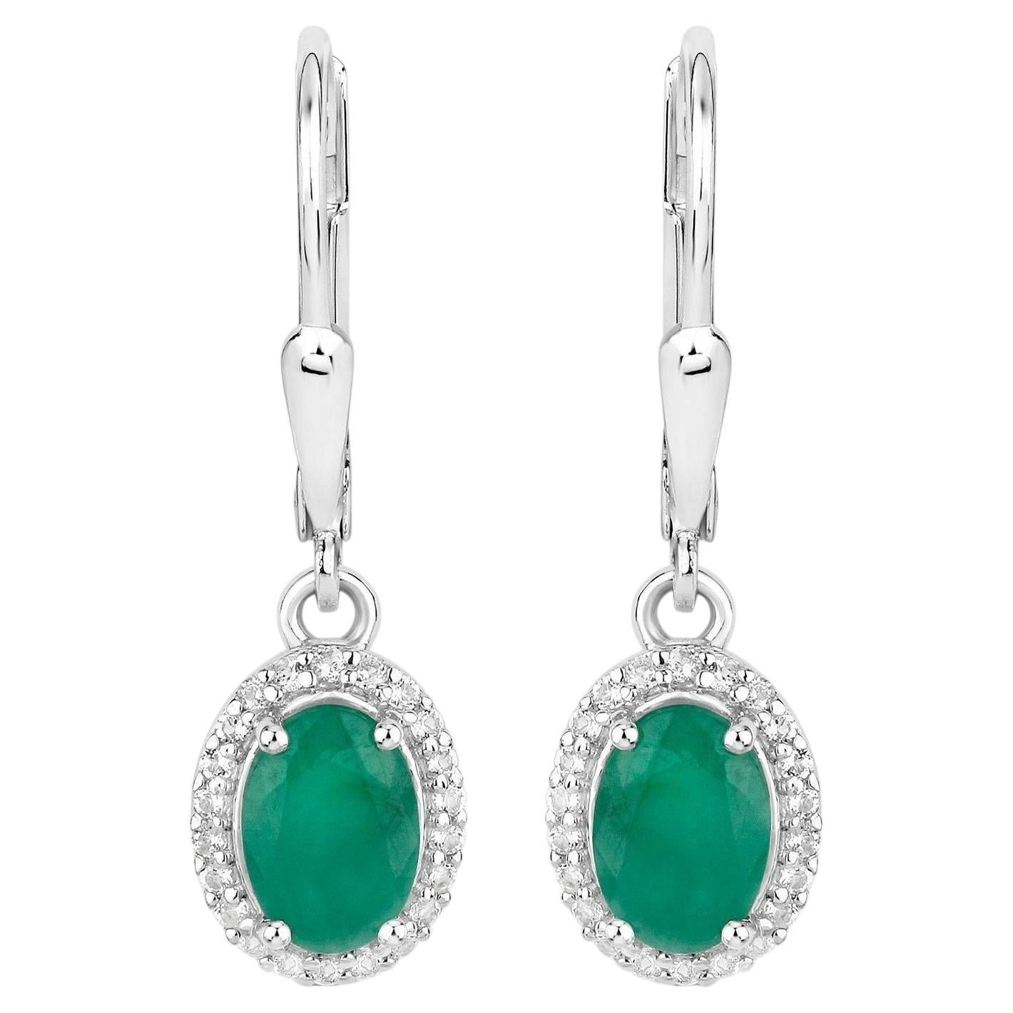 Natural Emerald Earrings With White Topaz 1.68 Carats Sterling Silver For Sale