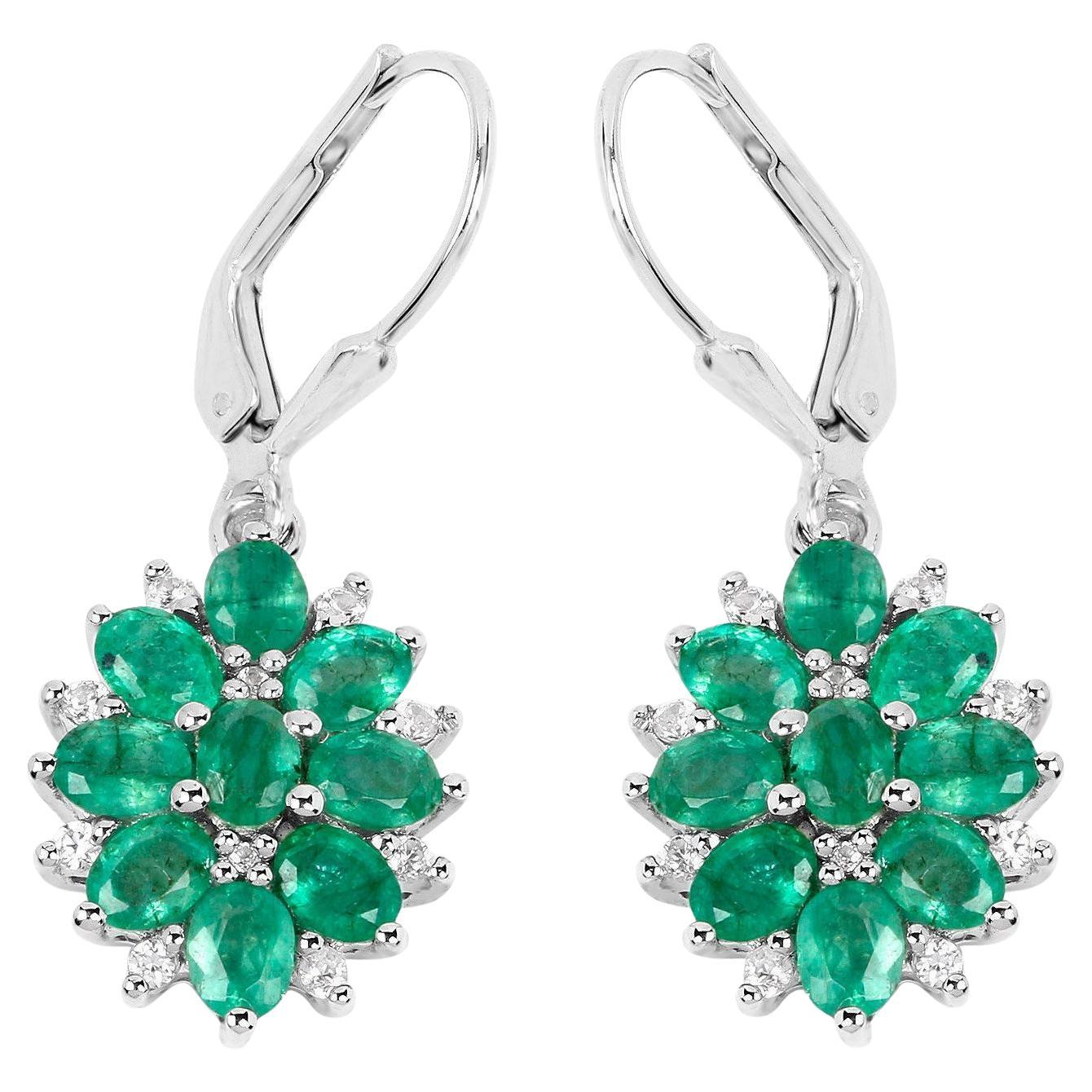 Natural Emerald Earrings With White Zircon 3 Carats Sterling Silver