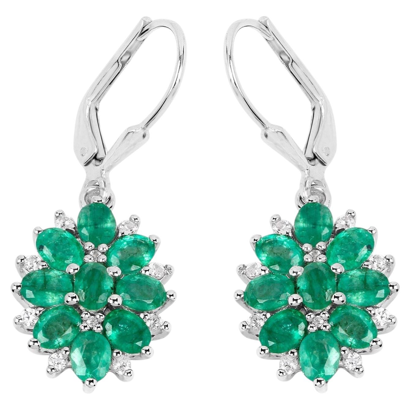 Natural Emerald Earrings With White Zircon 3 Carats Sterling Silver For Sale