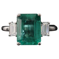 Art Deco 4 CT Certified Natural Emerald and Diamond Engagement Ring in 18K Gold