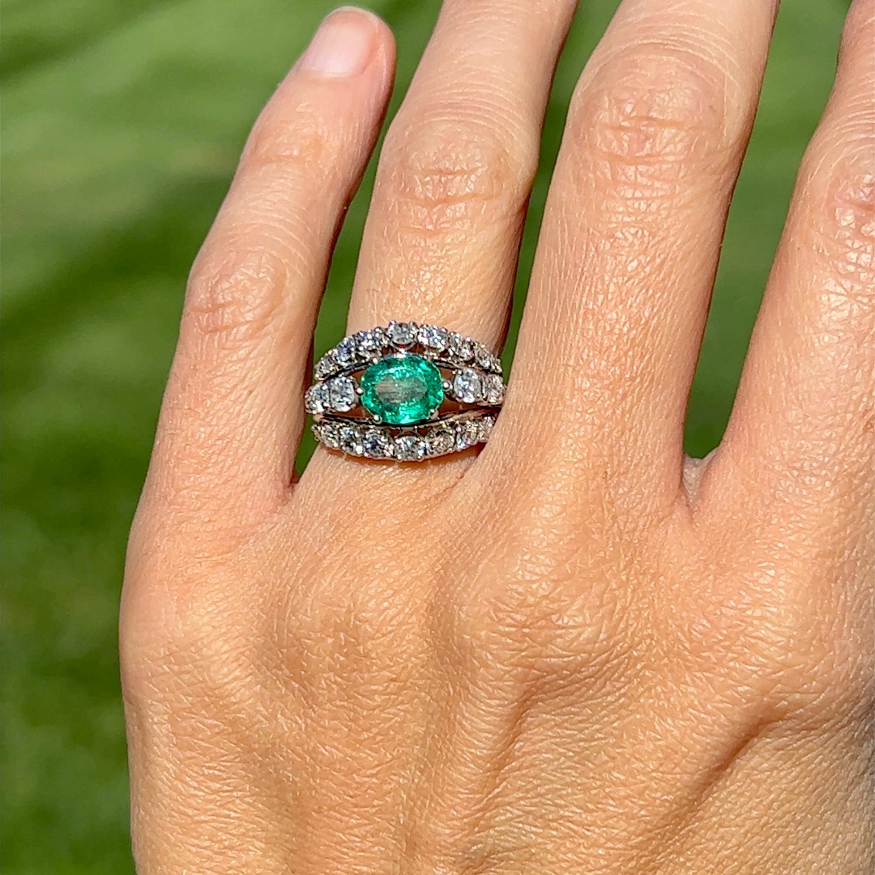 Natural Emerald & European Cut Diamond Dome Ring in Platinum  For Sale 4
