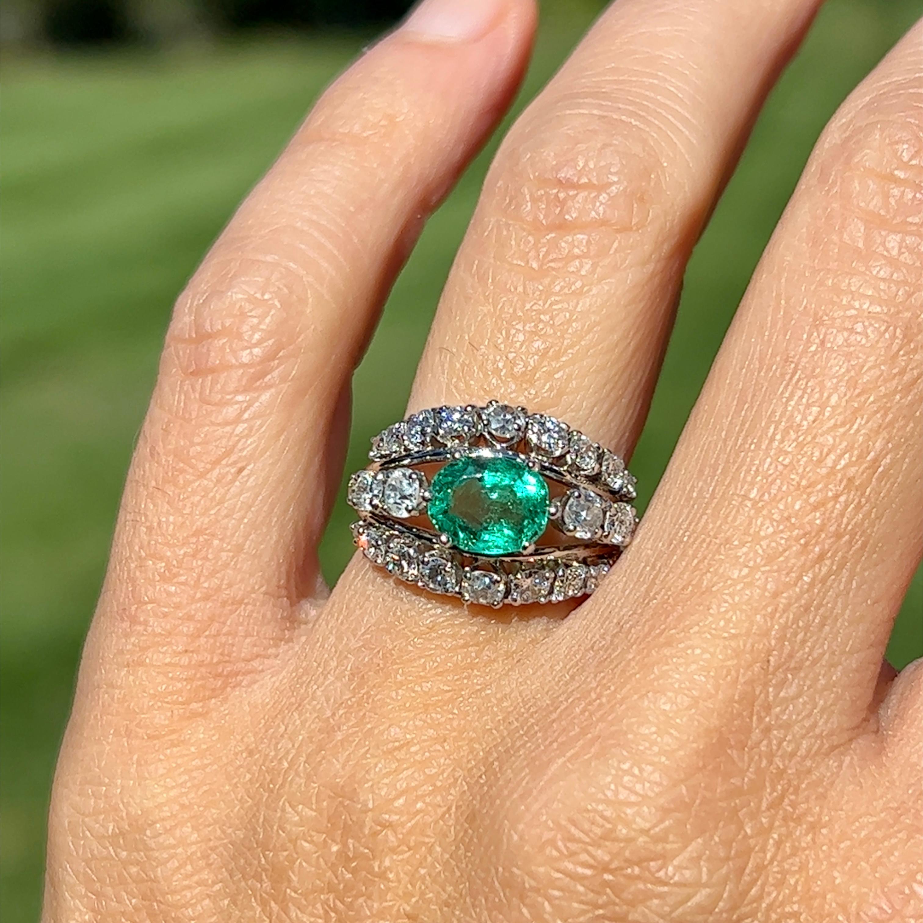 Natural Emerald & European Cut Diamond Dome Ring in Platinum  For Sale 5