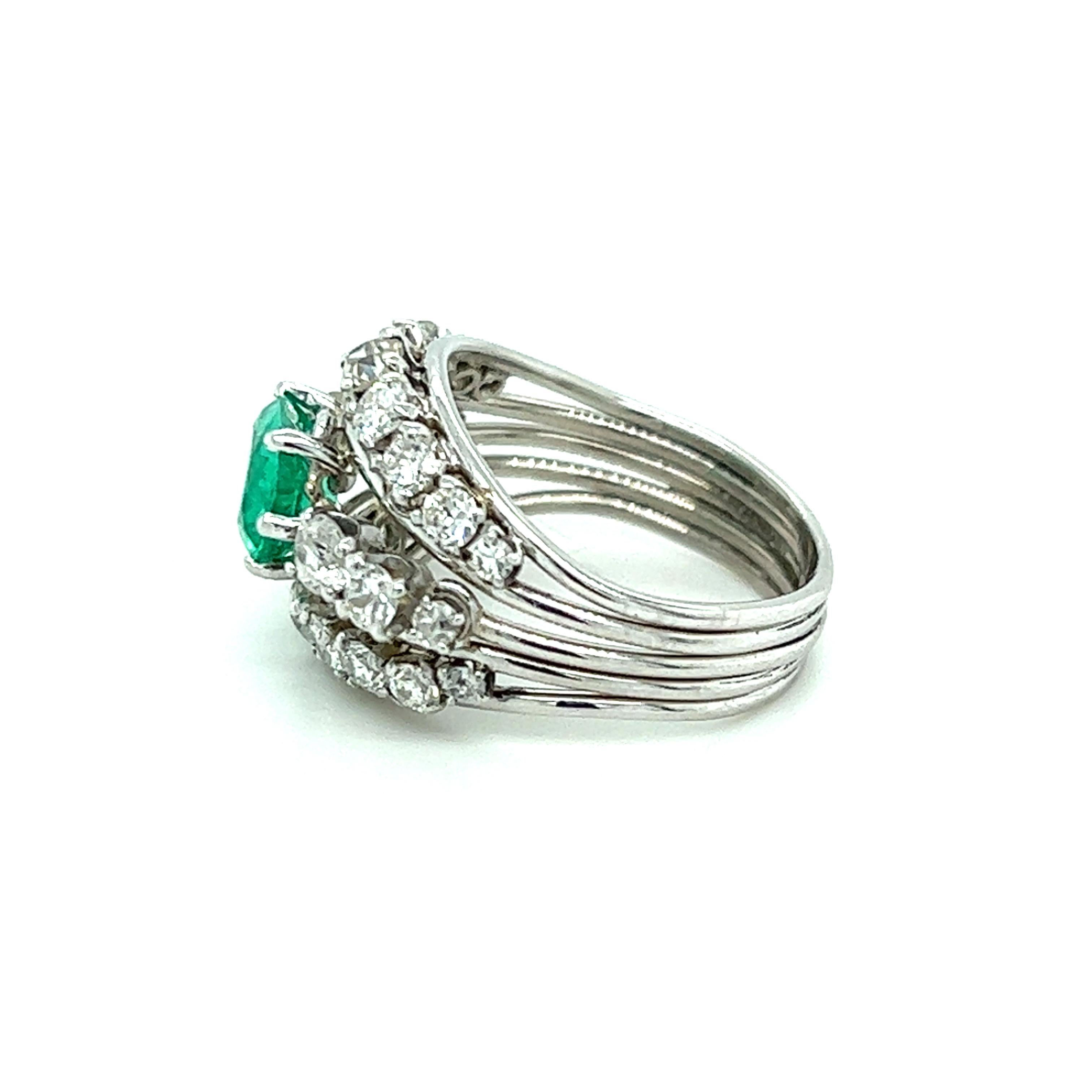Contemporary Natural Emerald & European Cut Diamond Dome Ring in Platinum  For Sale