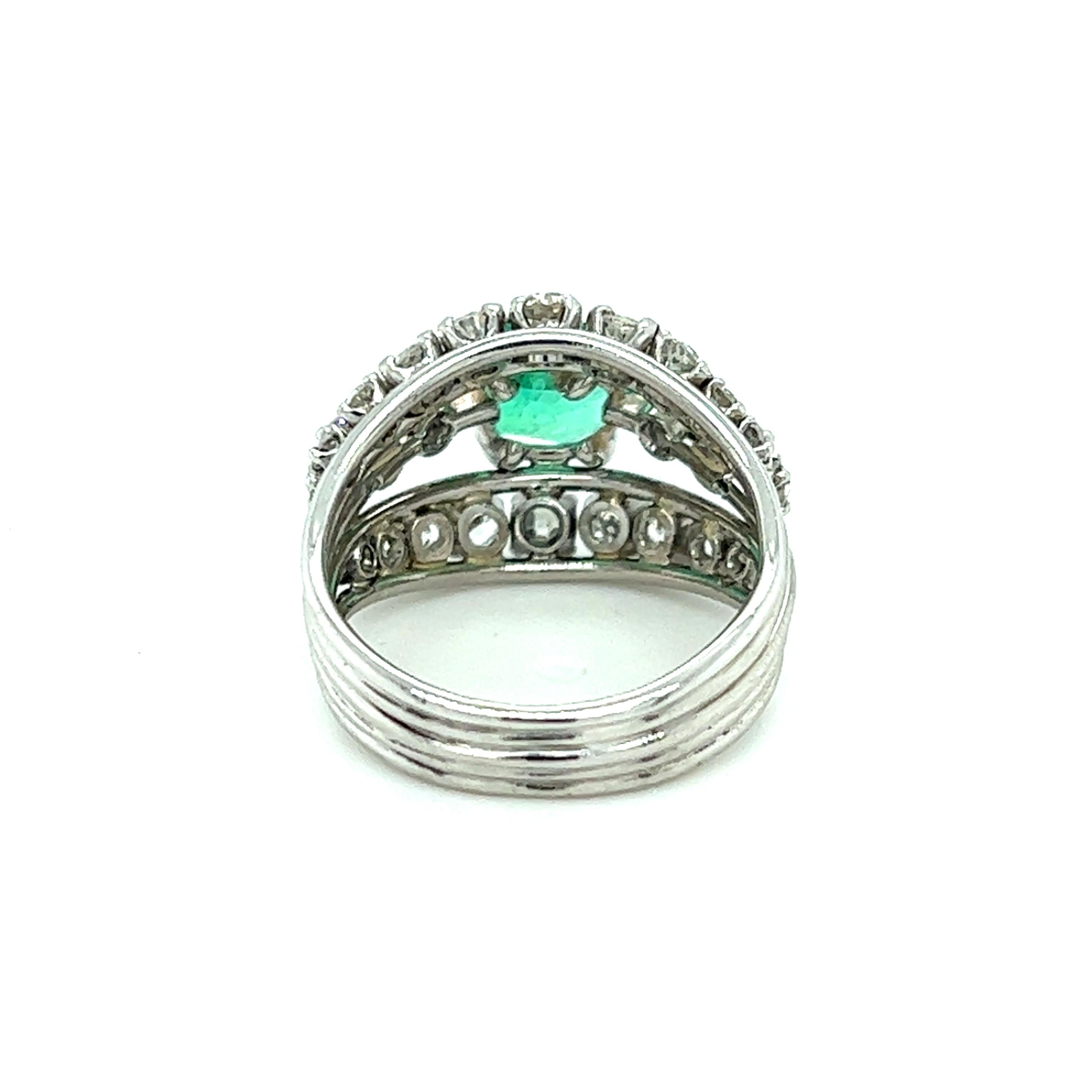 Oval Cut Natural Emerald & European Cut Diamond Dome Ring in Platinum  For Sale