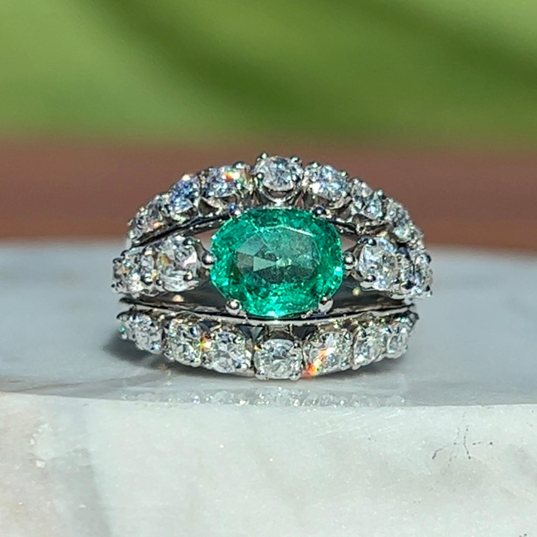 Natural Emerald & European Cut Diamond Dome Ring in Platinum  In Good Condition For Sale In Towson, MD