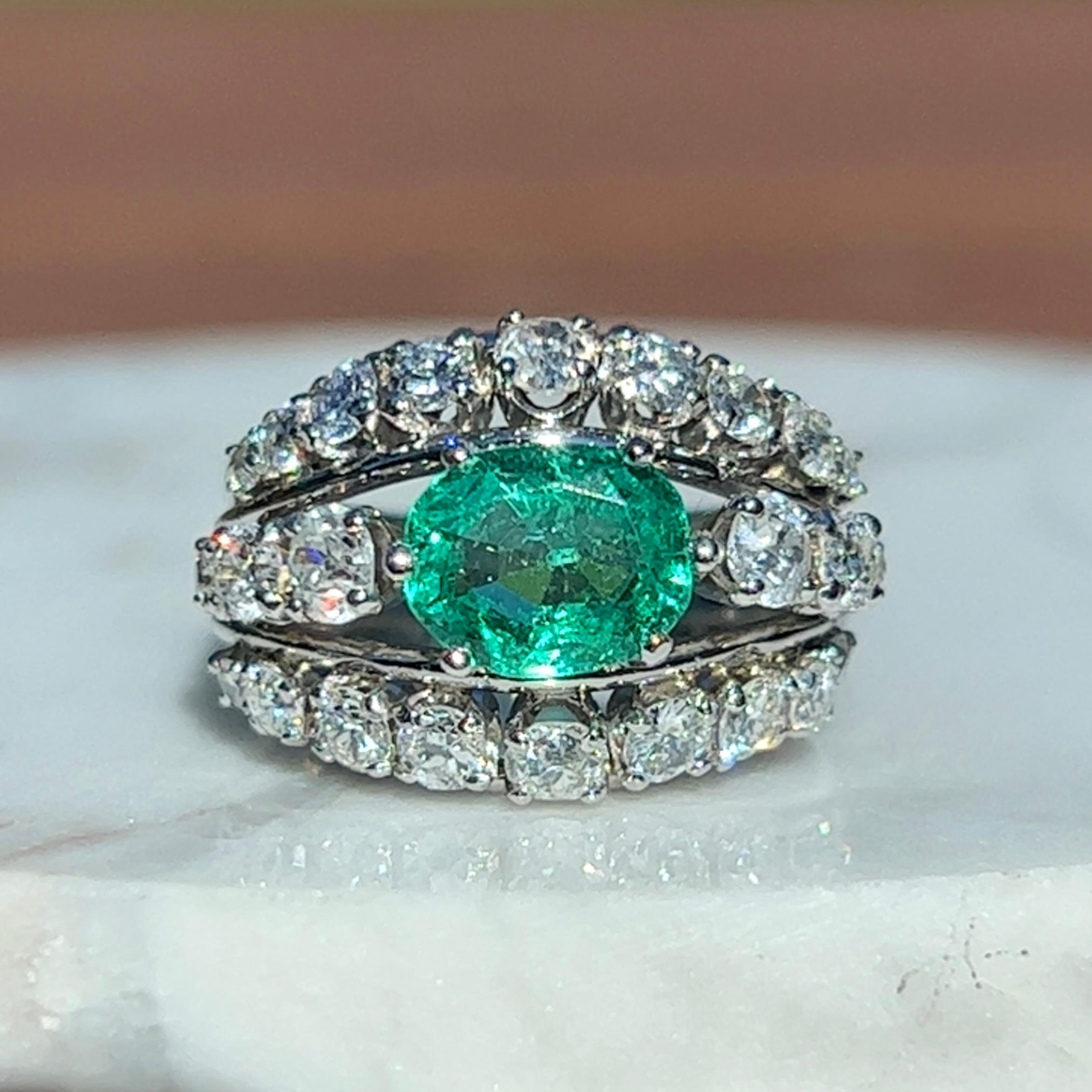 Women's or Men's Natural Emerald & European Cut Diamond Dome Ring in Platinum  For Sale