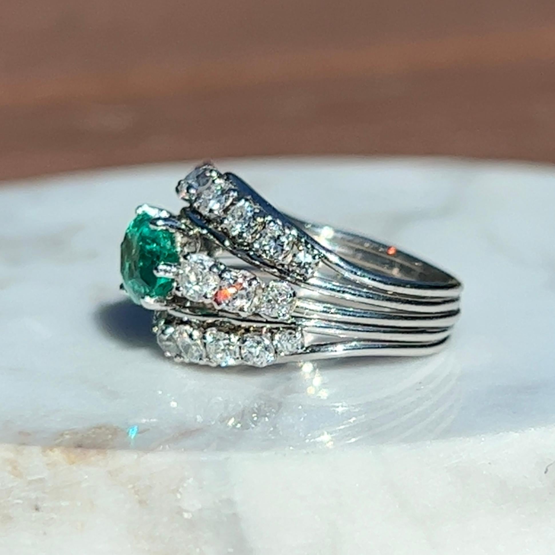 Natural Emerald & European Cut Diamond Dome Ring in Platinum  For Sale 1