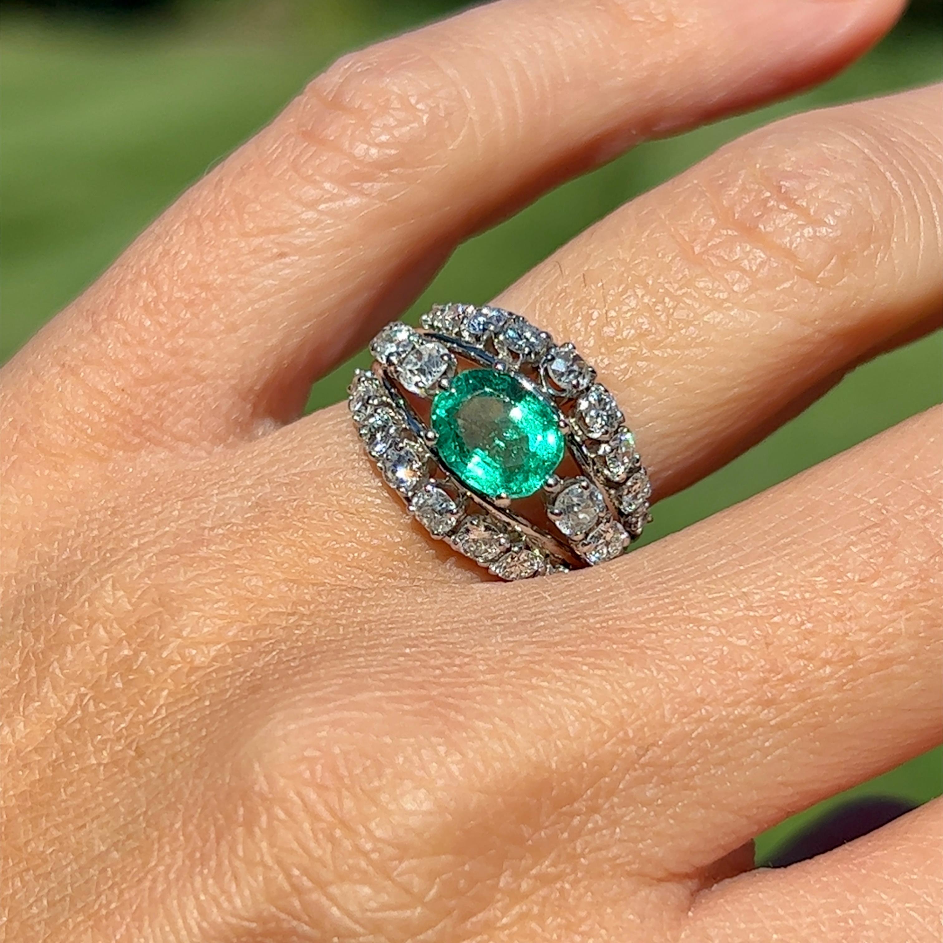 Natural Emerald & European Cut Diamond Dome Ring in Platinum  For Sale 2