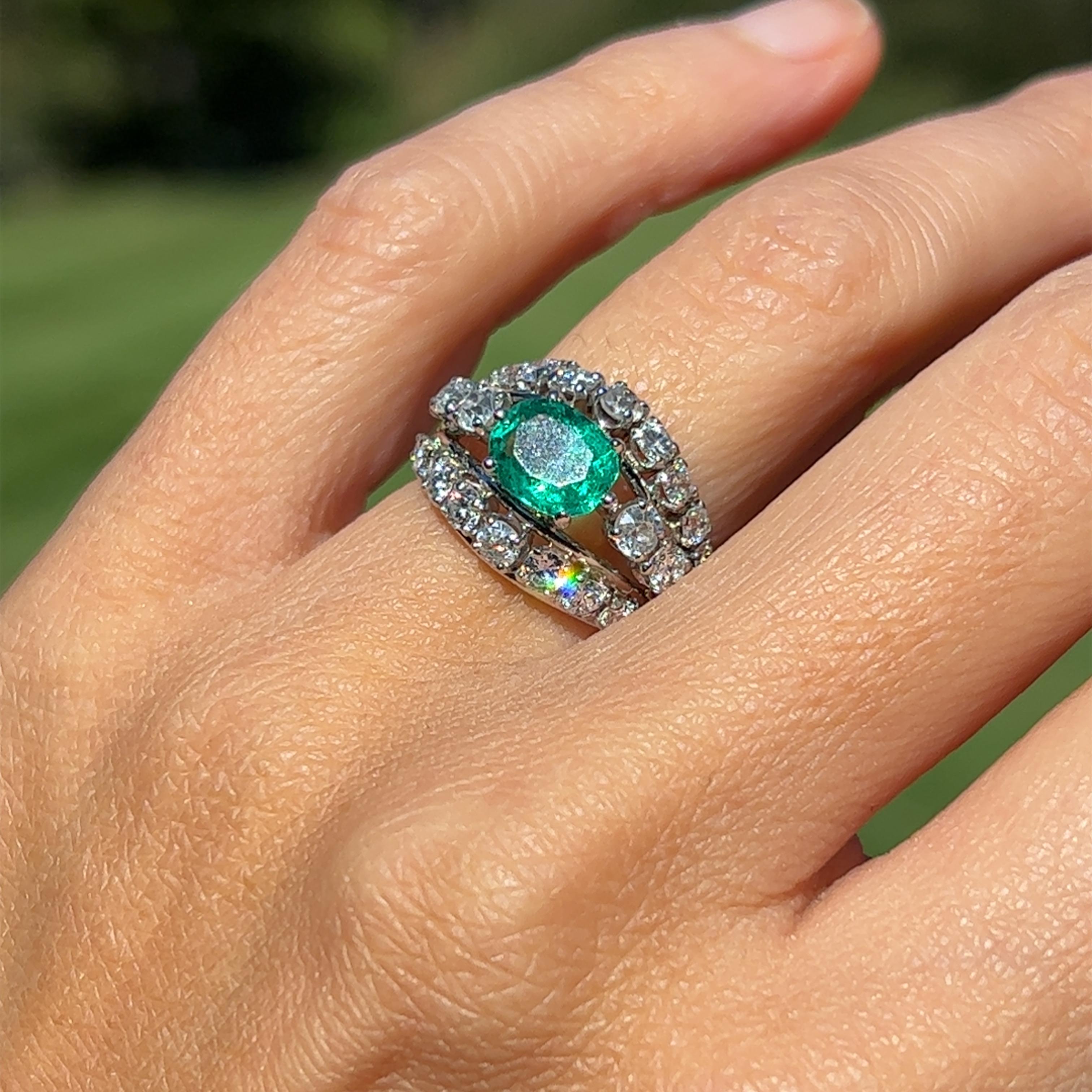 Natural Emerald & European Cut Diamond Dome Ring in Platinum  For Sale 3